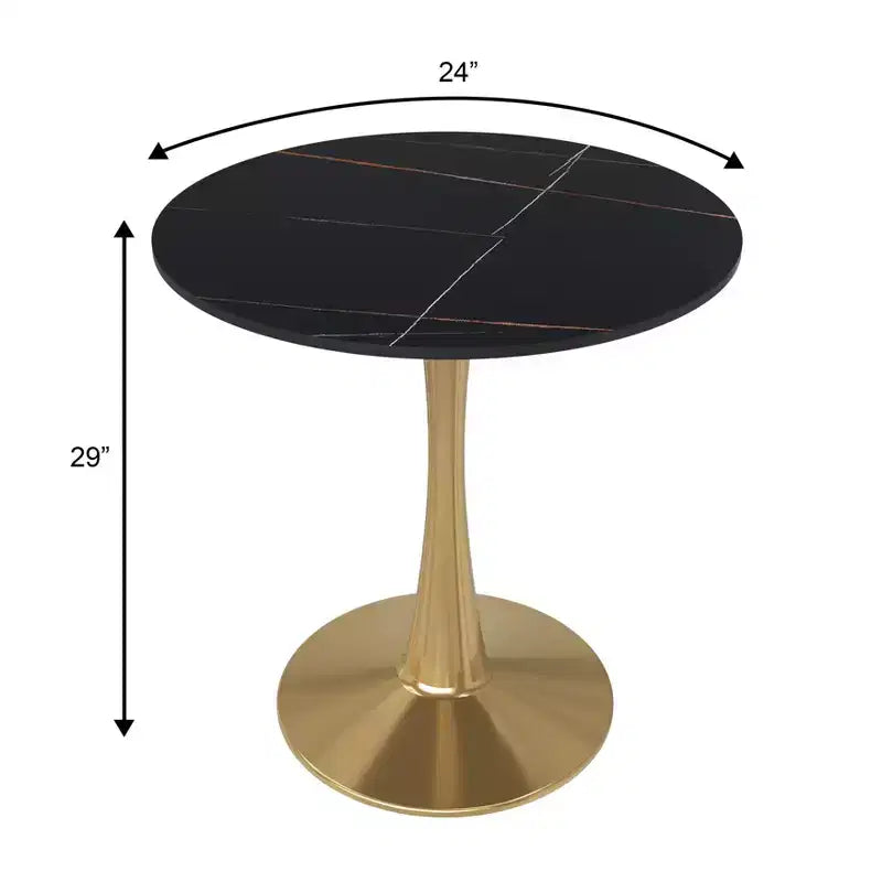 Table à manger ronde de 24 pouces avec plateau en pierre frittée et base piédestal en acier doré robuste pour la cuisine et les petits espaces