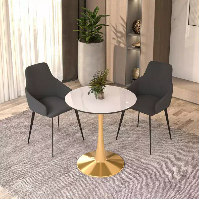 Table à manger ronde de 24 pouces avec plateau en pierre frittée et base piédestal en acier doré robuste pour la cuisine et les petits espaces
