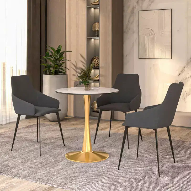 Table à manger ronde de 24 pouces avec plateau en pierre frittée et base piédestal en acier doré robuste pour la cuisine et les petits espaces