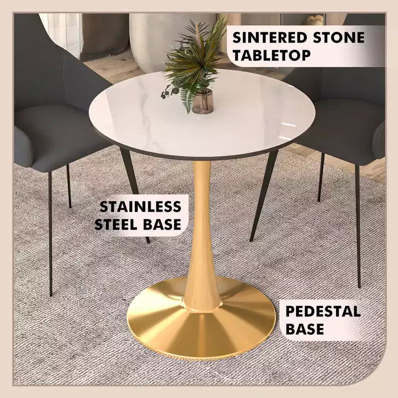 Table à manger ronde de 24 pouces avec plateau en pierre frittée et base piédestal en acier doré robuste pour la cuisine et les petits espaces