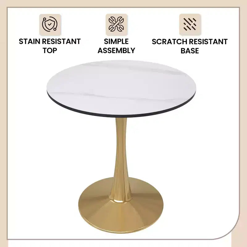 Table à manger ronde de 24 pouces avec plateau en pierre frittée et base piédestal en acier doré robuste pour la cuisine et les petits espaces