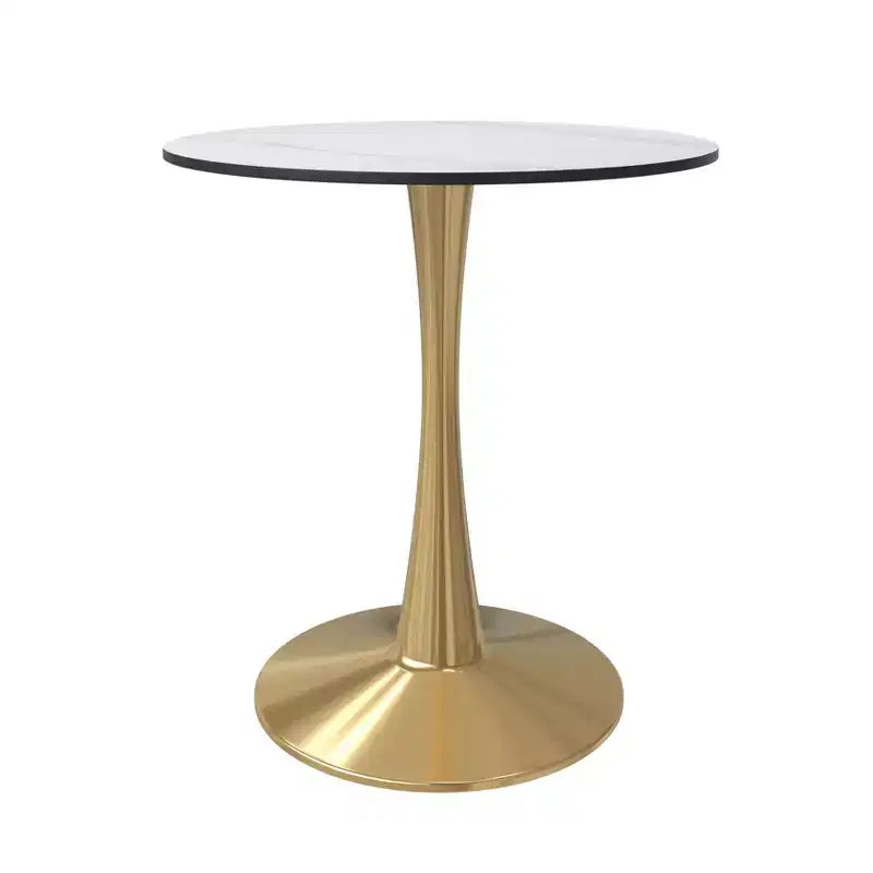 Table à manger ronde de 24 pouces avec plateau en pierre frittée et base piédestal en acier doré robuste pour la cuisine et les petits espaces