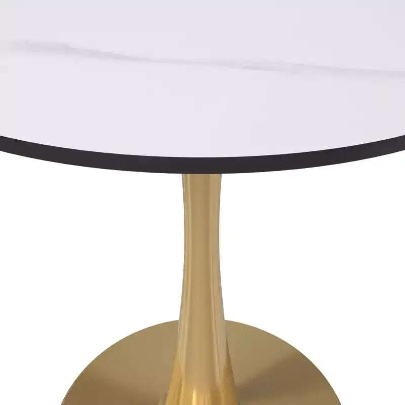 Table à manger ronde de 24 pouces avec plateau en pierre frittée et base piédestal en acier doré robuste pour la cuisine et les petits espaces