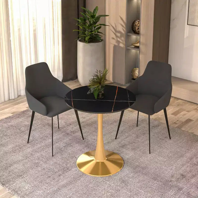 Table à manger ronde de 24 pouces avec plateau en pierre frittée et base piédestal en acier doré robuste pour la cuisine et les petits espaces