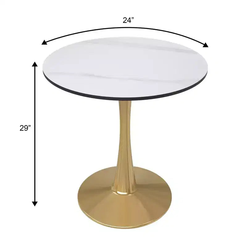 Table à manger ronde de 24 pouces avec plateau en pierre frittée et base piédestal en acier doré robuste pour la cuisine et les petits espaces