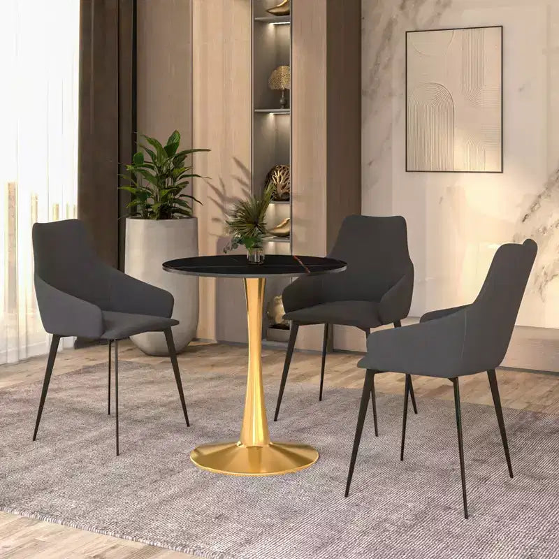 Table à manger ronde de 24 pouces avec plateau en pierre frittée et base piédestal en acier doré robuste pour la cuisine et les petits espaces