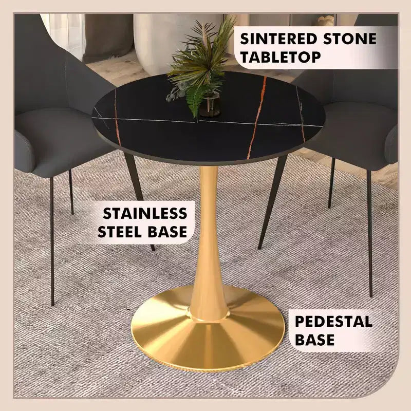 Table à manger ronde de 24 pouces avec plateau en pierre frittée et base piédestal en acier doré robuste pour la cuisine et les petits espaces