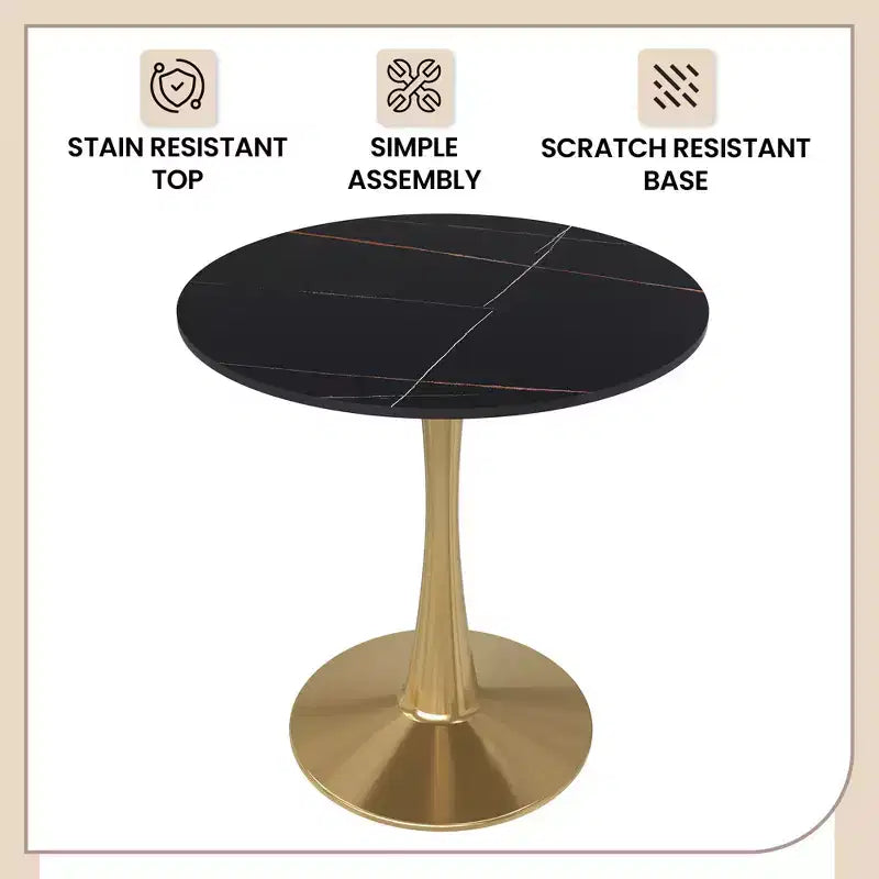 Table à manger ronde de 24 pouces avec plateau en pierre frittée et base piédestal en acier doré robuste pour la cuisine et les petits espaces