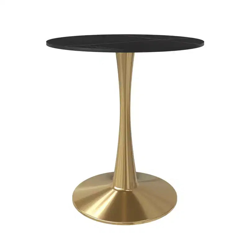 Table à manger ronde de 24 pouces avec plateau en pierre frittée et base piédestal en acier doré robuste pour la cuisine et les petits espaces
