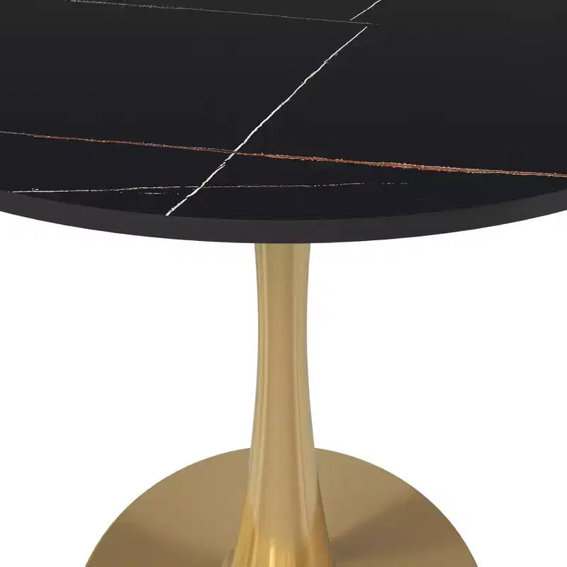Table à manger ronde de 24 pouces avec plateau en pierre frittée et base piédestal en acier doré robuste pour la cuisine et les petits espaces