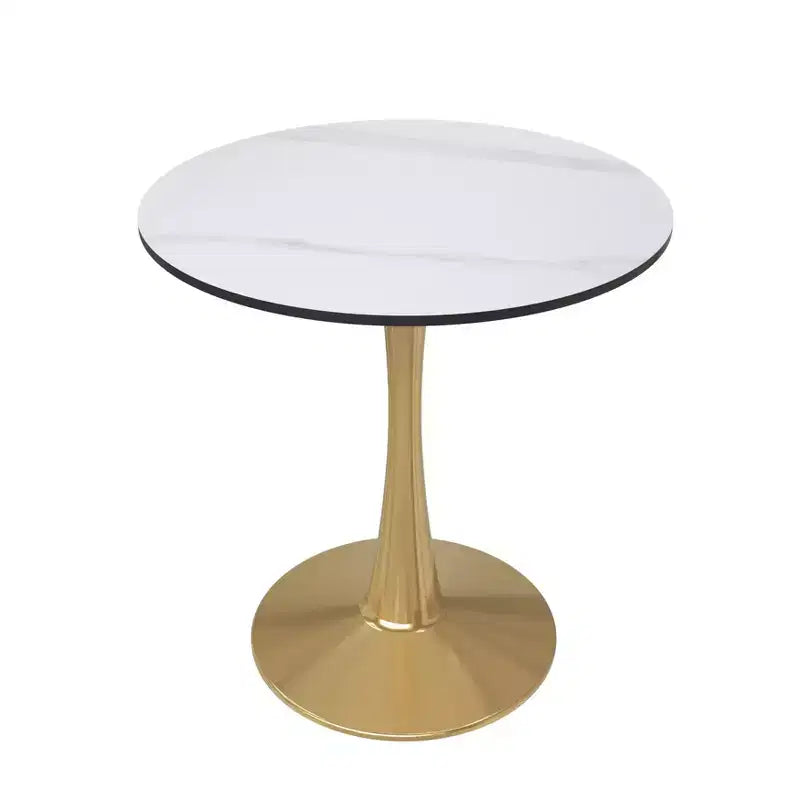 Table à manger ronde de 24 pouces avec plateau en pierre frittée et base piédestal en acier doré robuste pour la cuisine et les petits espaces
