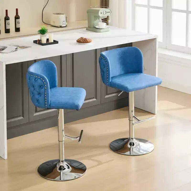 MAYEERTY Swivel Barstools - Adjustable Seat Height, Chrome Base, PU Upholstery, Full Tufted Back, Blue, Set of 2