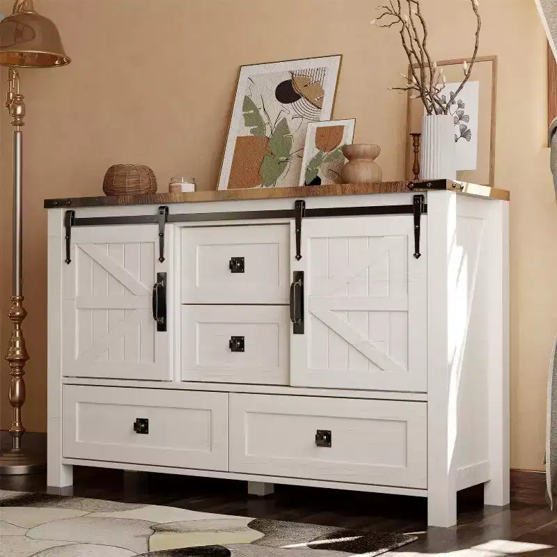 SinCiDo Farmhouse 48 Dresser w/4 Drawers &amp; 2 Barn Doors, Chest of Drawers &amp; Rustic TV Stand w/Adjustable Shelf for Living Room