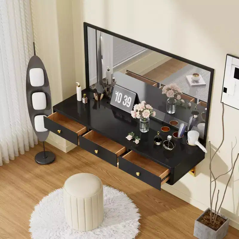 Okak Wall-Mounted Vanity Shelf with Drawer, Space-Saving Floating Makeup Desk for Bathroom/Bedroom, Easy Install with Hidden Brackets