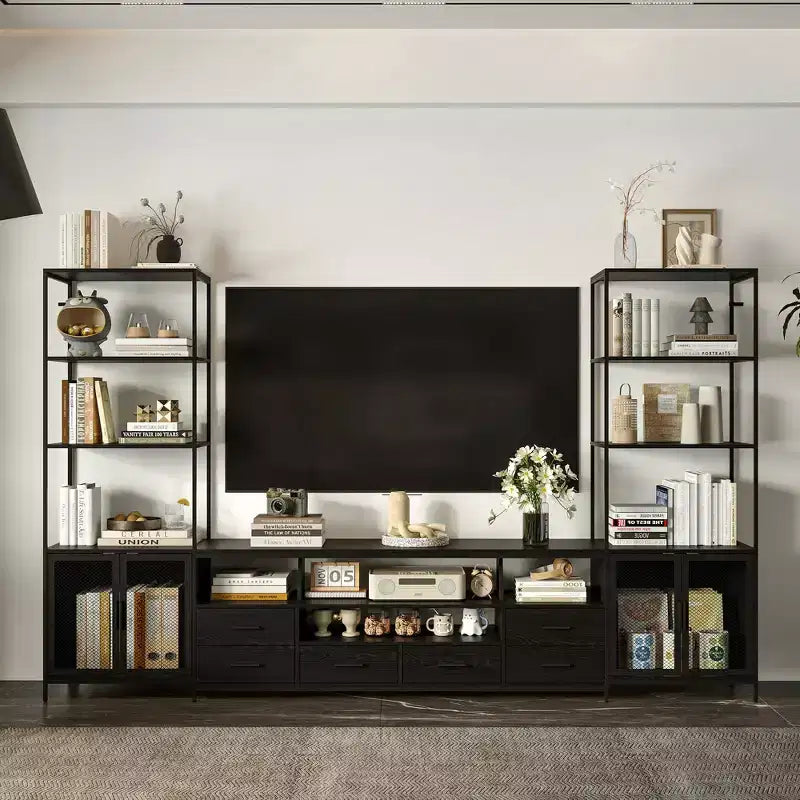 Famapy Contemporary Black TV Consoles Entertainment Center with Famapy Shelving &amp; Drawers - Chic Storage Option for Home Media Spaces