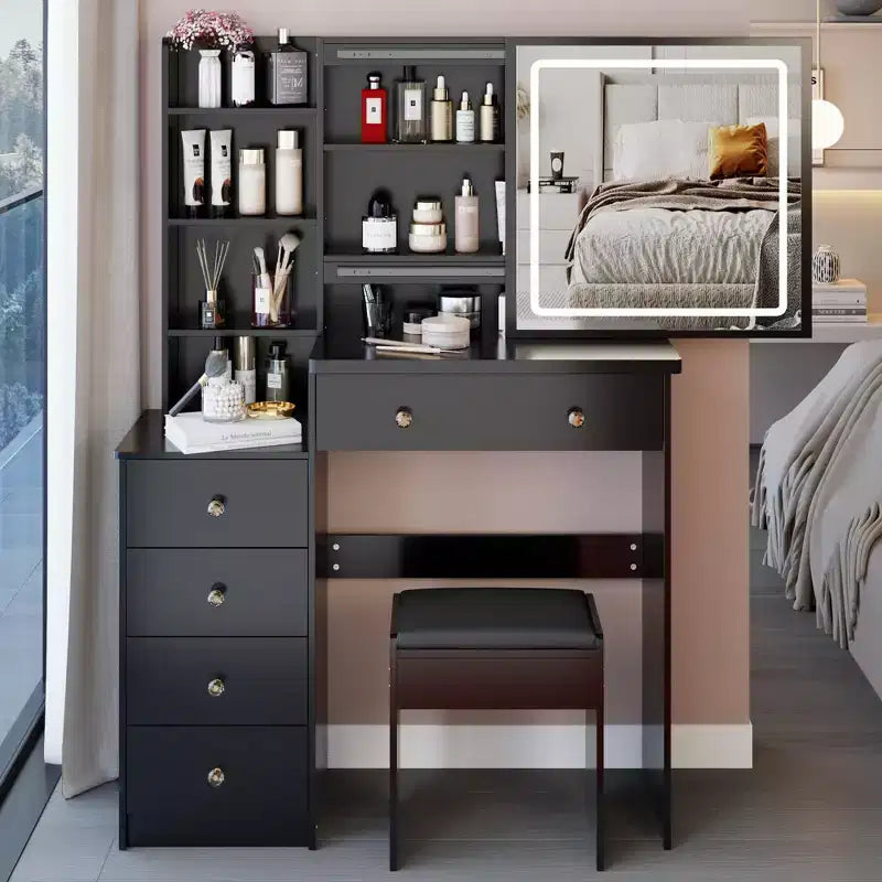 Okak Vanity Table Mirror with Lights and Table Set, 37 Large Left Bedside Cabinet Vanity Table and Cushioned Stool,Black