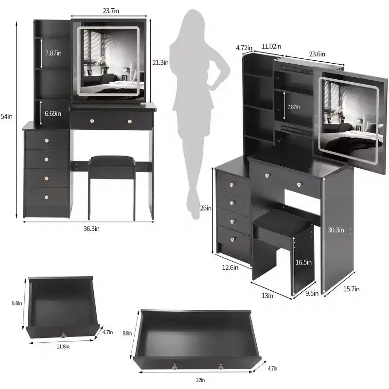 Miroir de coiffeuse et table avec lumières