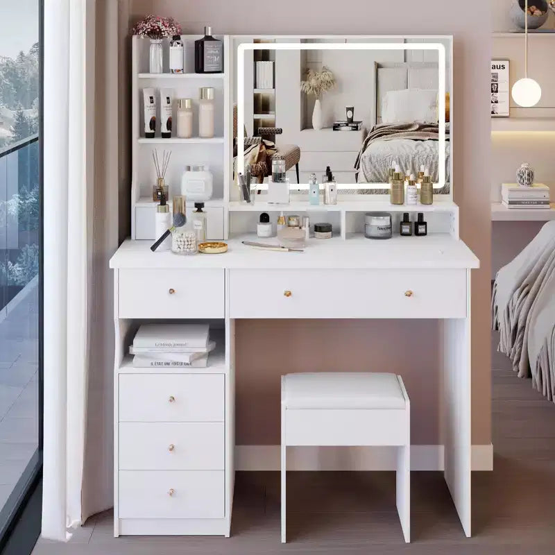 Okak Vanity Table with Drawers and Lights,41 Left-Side Vanity Desk with Cushioned Stool &amp; Extra-Large Touch Sliding LED Mirror,White