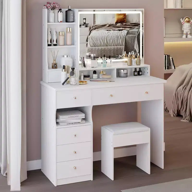 Coiffeuse avec tiroirs et lumières, coiffeuse de 41 po à gauche avec tabouret rembourré et miroir coulissant tactile extra large à LED, blanc