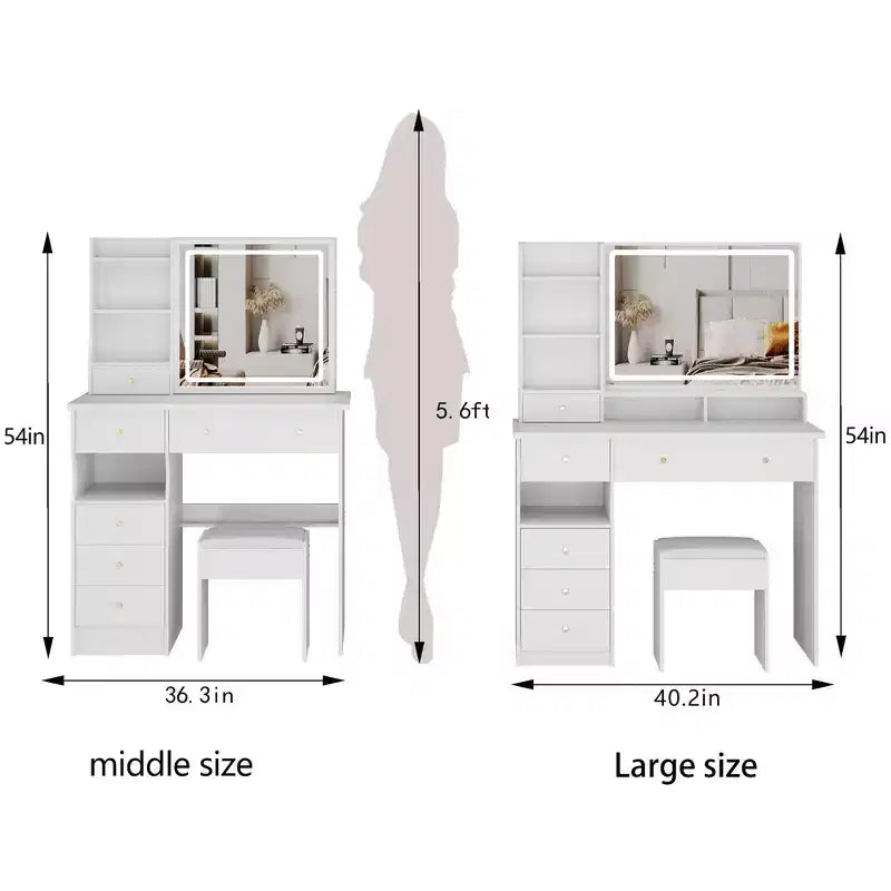 Coiffeuse avec tiroirs et lumières, coiffeuse de 41 po à gauche avec tabouret rembourré et miroir coulissant tactile extra large à LED, blanc