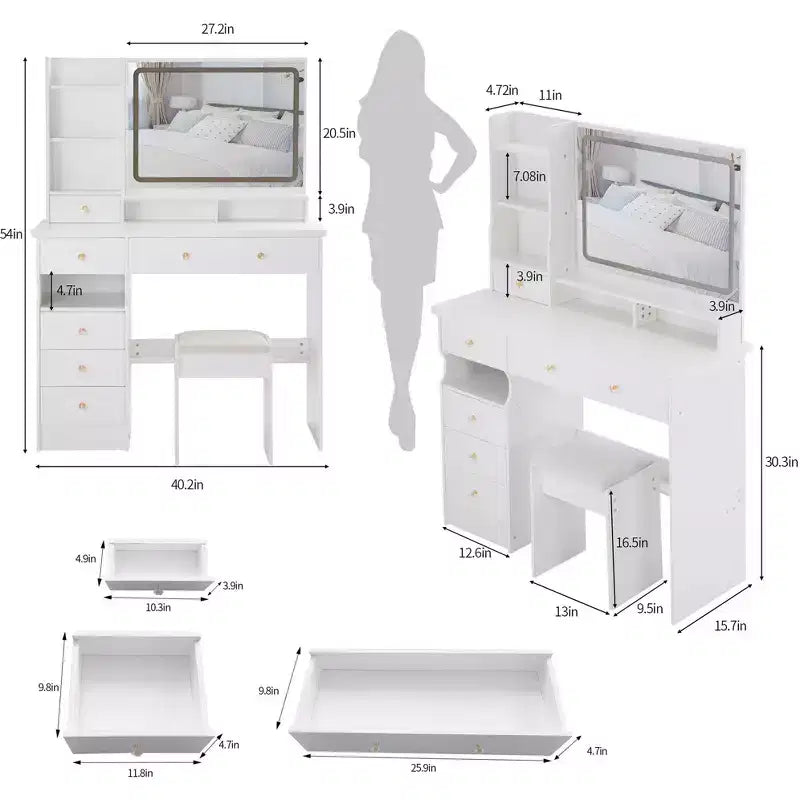 Coiffeuse avec tiroirs et lumières, coiffeuse de 41 po à gauche avec tabouret rembourré et miroir coulissant tactile extra large à LED, blanc