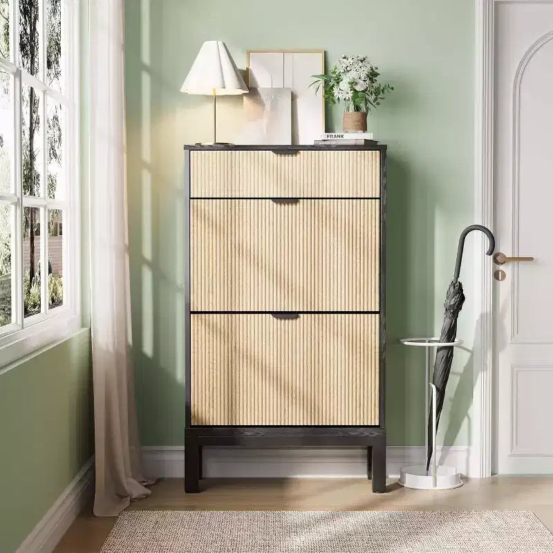 Acekool Shoe Storage Organizer with 2 Flip Drawers &amp; Small Drawer, Slim Entryway Cabinet with Fluted Doors