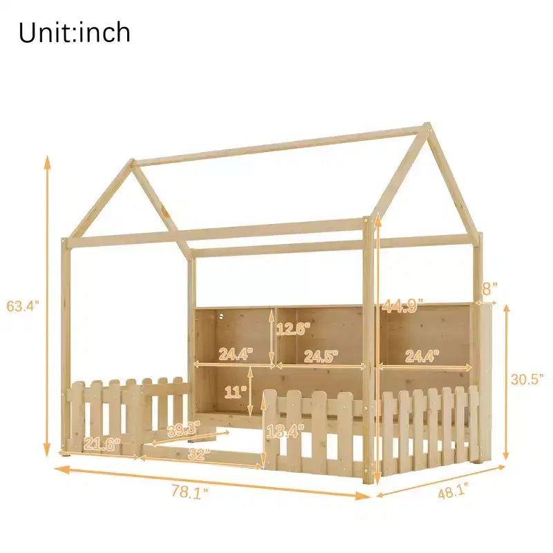 Lit cabane au sol double avec garde-corps, lit cabane pour enfants avec étagère de rangement, cadre de lit cabane en bois
