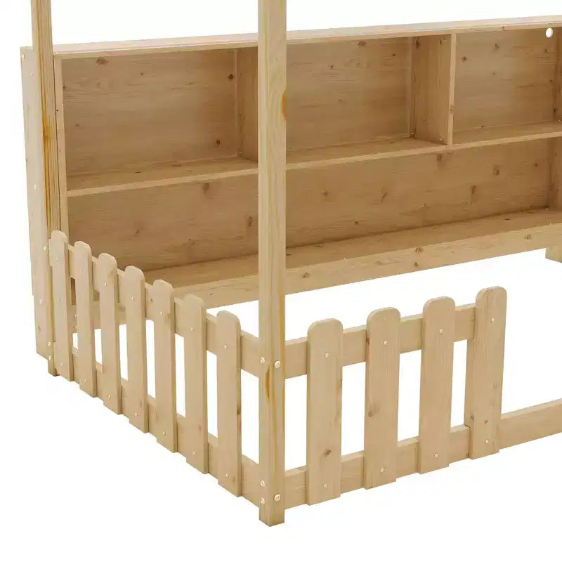 Lit cabane au sol double avec garde-corps, lit cabane pour enfants avec étagère de rangement, cadre de lit cabane en bois
