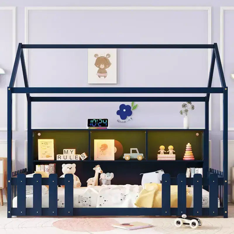 Lit cabane au sol double avec garde-corps, lit cabane pour enfants avec étagère de rangement, cadre de lit cabane en bois