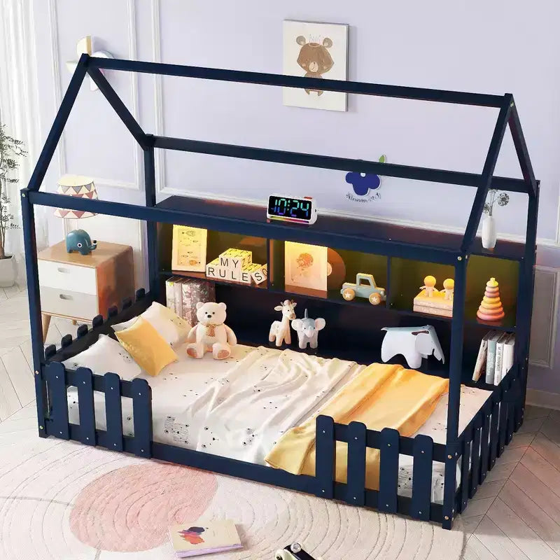 Lit cabane au sol double avec garde-corps, lit cabane pour enfants avec étagère de rangement, cadre de lit cabane en bois