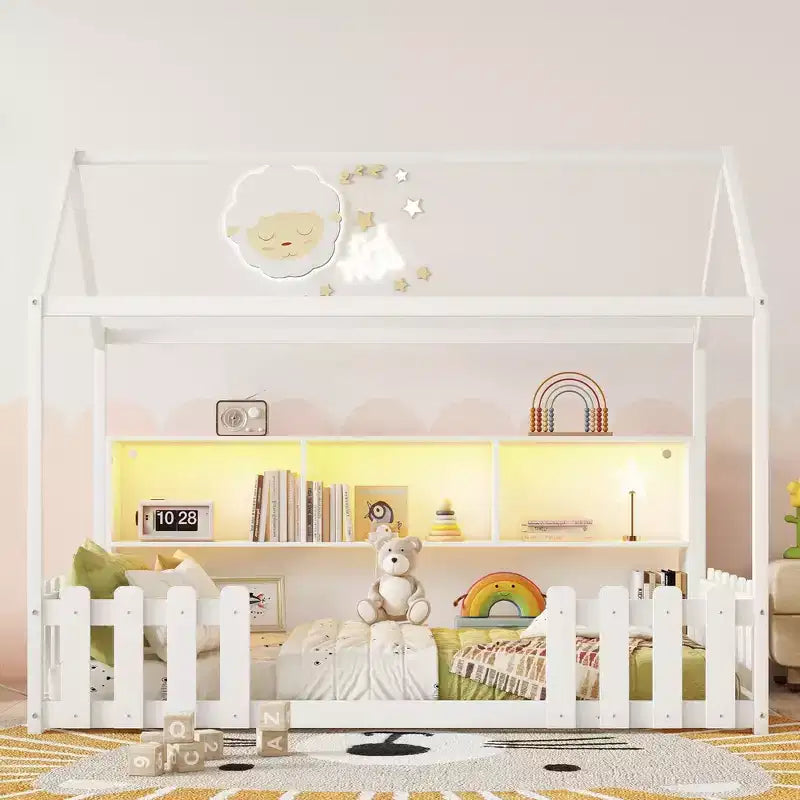 Okak Playhouse Floor Bed Twin Size with Guardrails,Kids Cottage Bed with Storage Bookshelf, Wooden House Bed Frame