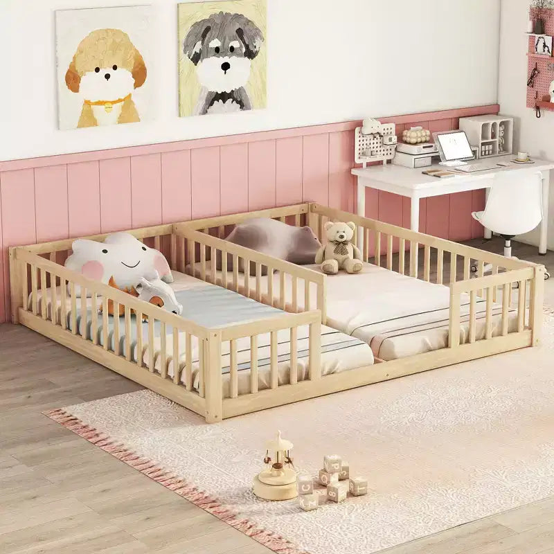 Cadre de lit double jumeau avec barrières de sécurité, sans porte, lit de sol moderne pour chambre d'enfants/tout-petits