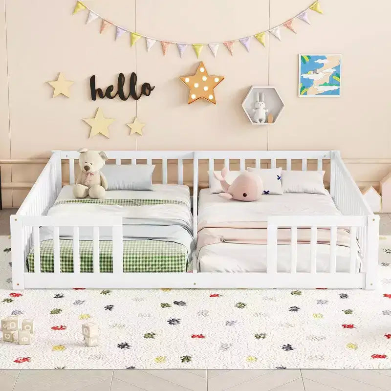 Cadre de lit double jumeau avec barrières de sécurité, sans porte, lit de sol moderne pour chambre d'enfants/tout-petits