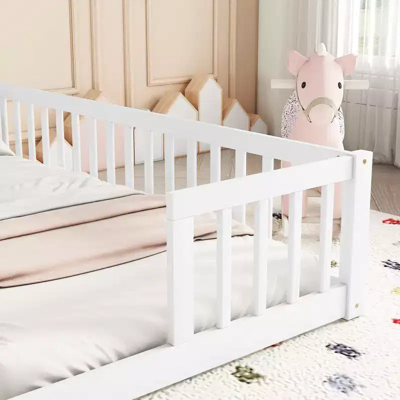 Cadre de lit double jumeau avec barrières de sécurité, sans porte, lit de sol moderne pour chambre d'enfants/tout-petits