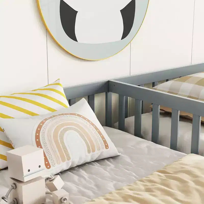 Cadre de lit double jumeau avec barrières de sécurité, sans porte, lit de sol moderne pour chambre d'enfants/tout-petits