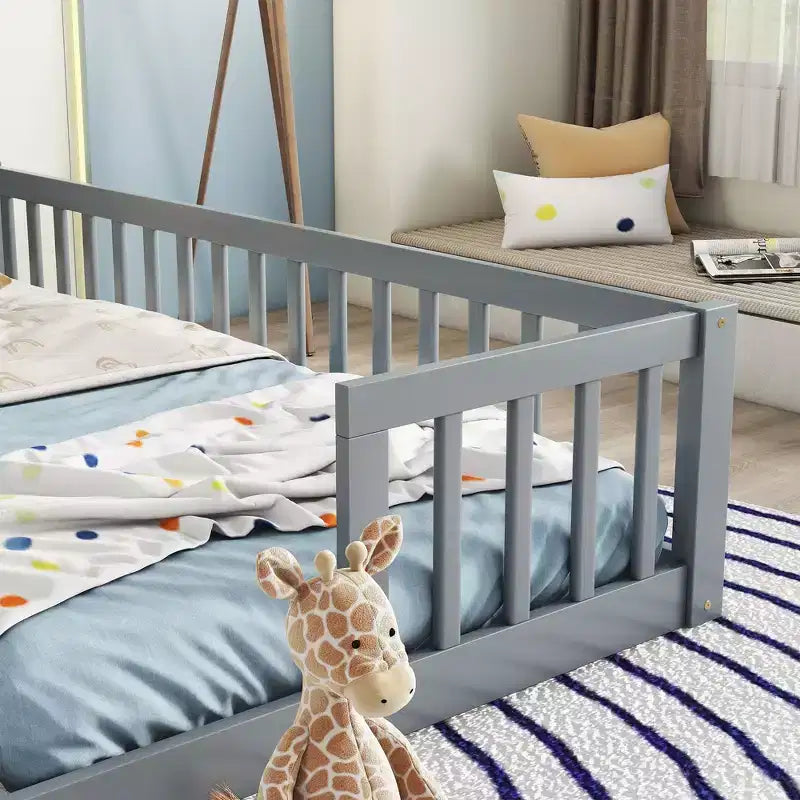 Cadre de lit double jumeau avec barrières de sécurité, sans porte, lit de sol moderne pour chambre d'enfants/tout-petits