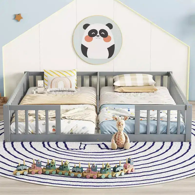 Cadre de lit double jumeau avec barrières de sécurité, sans porte, lit de sol moderne pour chambre d'enfants/tout-petits