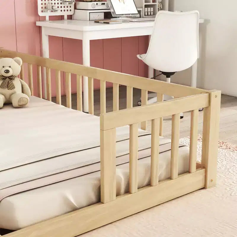 Cadre de lit double jumeau avec barrières de sécurité, sans porte, lit de sol moderne pour chambre d'enfants/tout-petits