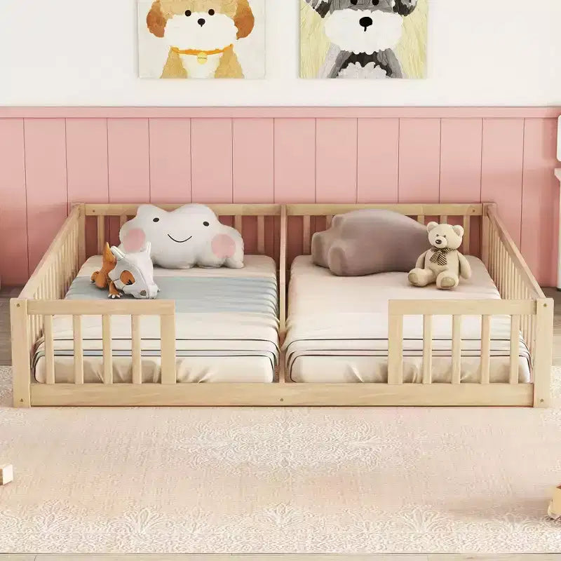 Cadre de lit double jumeau avec barrières de sécurité, sans porte, lit de sol moderne pour chambre d'enfants/tout-petits