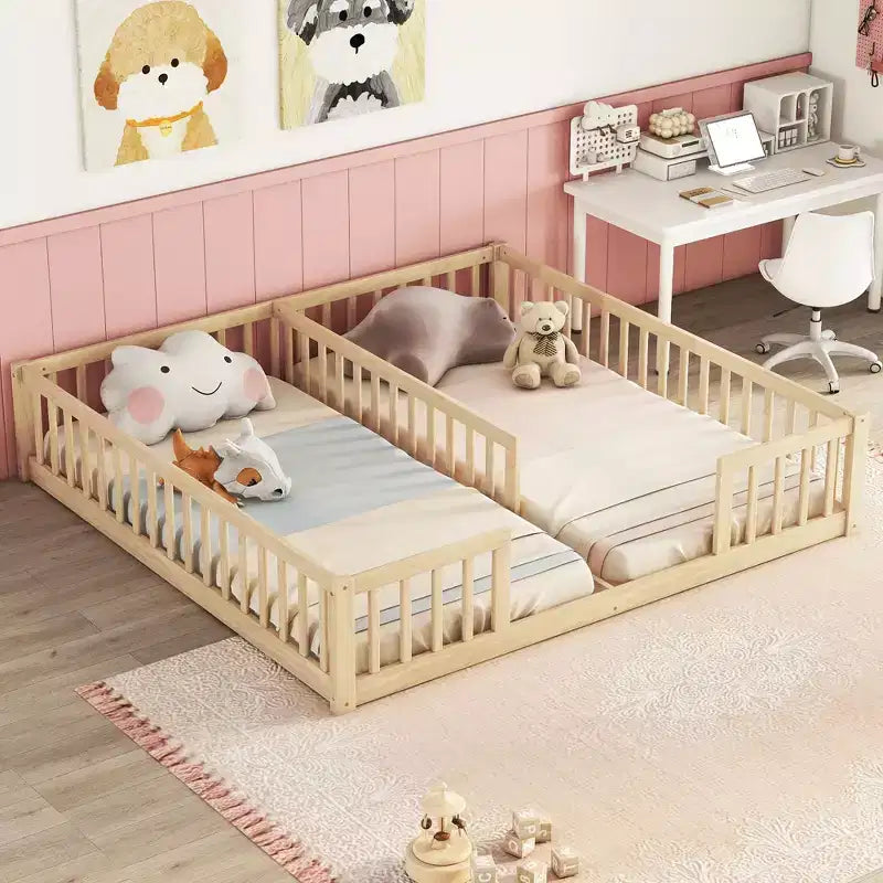 Cadre de lit double jumeau avec barrières de sécurité, sans porte, lit de sol moderne pour chambre d'enfants/tout-petits
