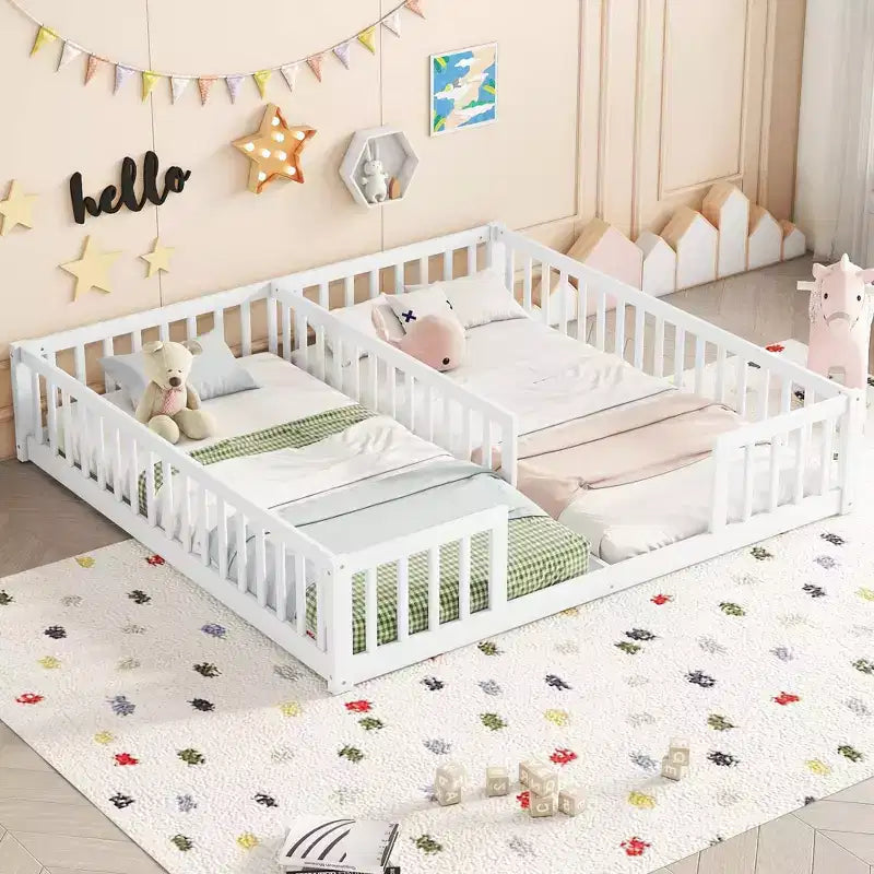 Cadre de lit double jumeau avec barrières de sécurité, sans porte, lit de sol moderne pour chambre d'enfants/tout-petits