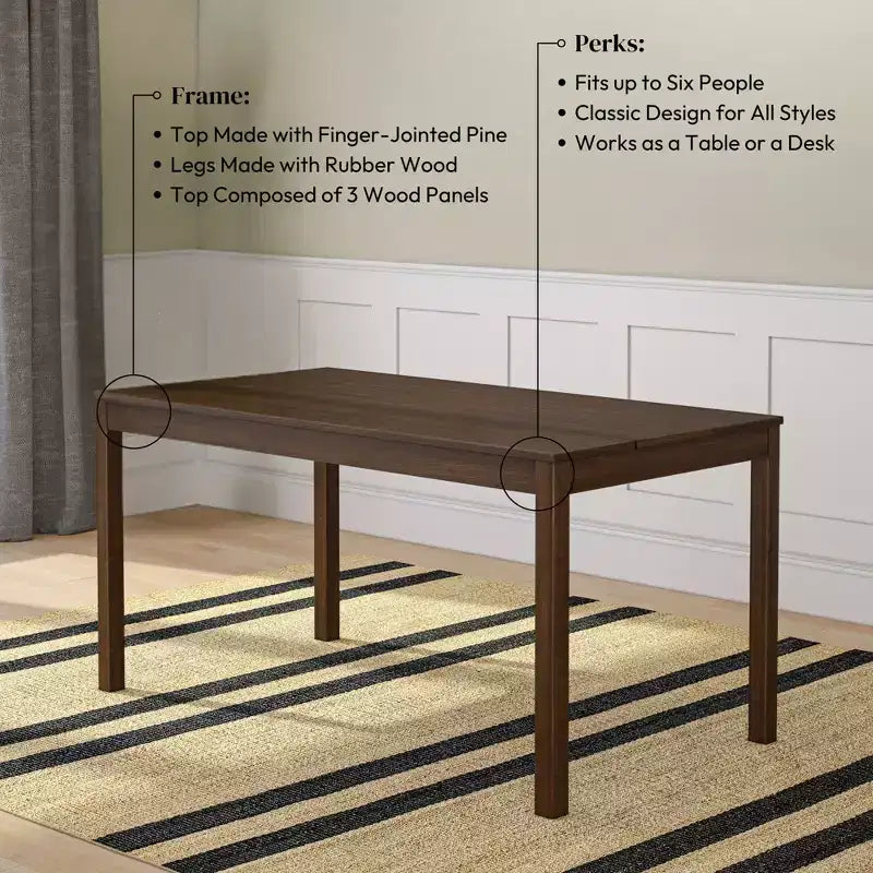 Table à manger en bois pour 4, rectangulaire, 152 cm