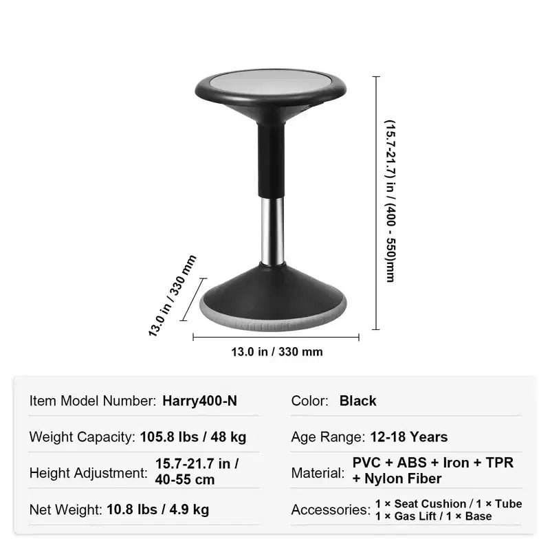 Tabouret oscillant, réglable en hauteur (15,7-21,7 po), chaise active, siège flexible, tabouret oscillant en PVC+ABS, améliore la concentration, âge 12-18 ans, noir