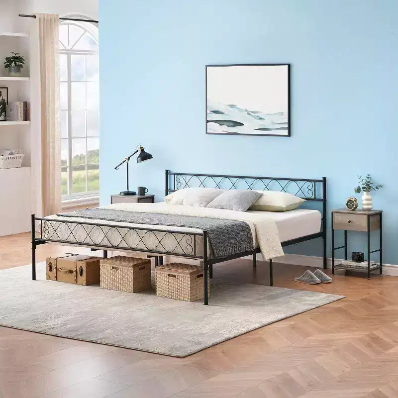 Modern Bed Frame, Metal Platform Bed with Headboard and Footboard, 13.7 Inch Underbed Storage Heavy-Duty Bed Frame , Easy Assembly, Black