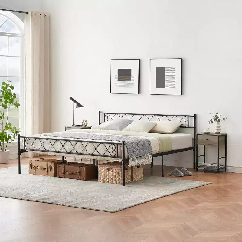Cadre de lit moderne, plateforme de lit en métal avec tête et pied de lit, cadre de lit robuste avec espace de rangement de 34,8 cm sous le lit, montage facile, noir