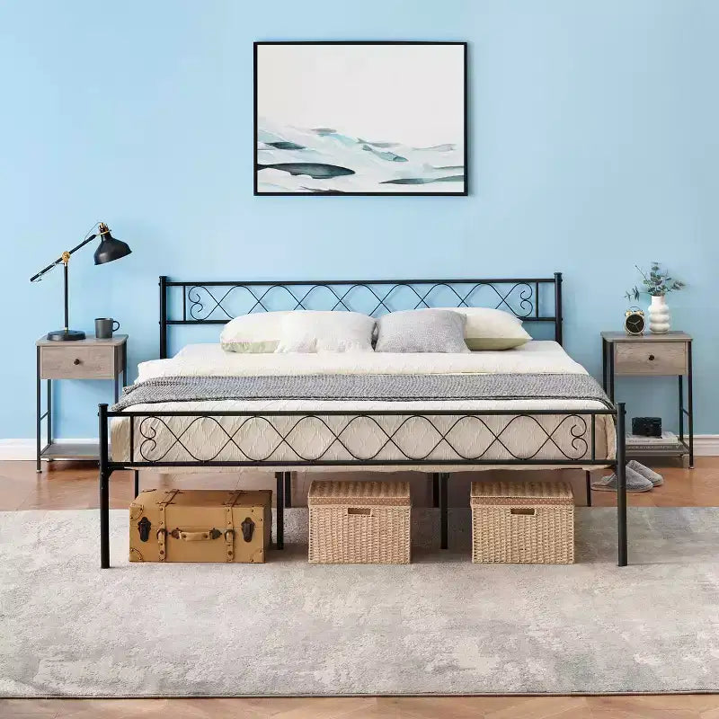 Cadre de lit moderne, plateforme de lit en métal avec tête et pied de lit, cadre de lit robuste avec espace de rangement de 34,8 cm sous le lit, montage facile, noir