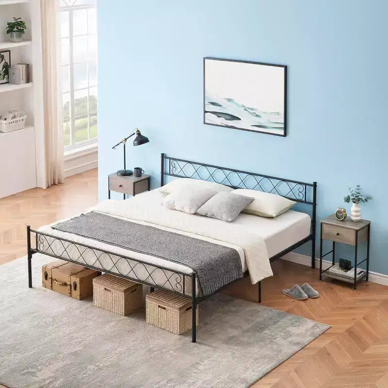 Cadre de lit moderne, plateforme de lit en métal avec tête et pied de lit, cadre de lit robuste avec espace de rangement de 34,8 cm sous le lit, montage facile, noir