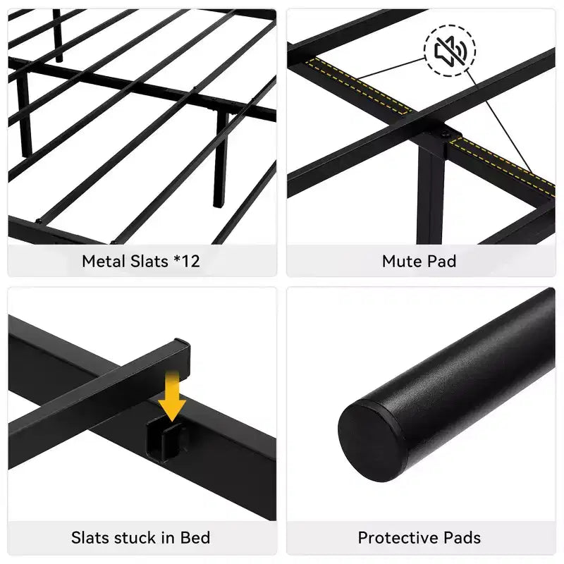 Cadre de lit moderne, plateforme de lit en métal avec tête et pied de lit, cadre de lit robuste avec espace de rangement de 34,8 cm sous le lit, montage facile, noir