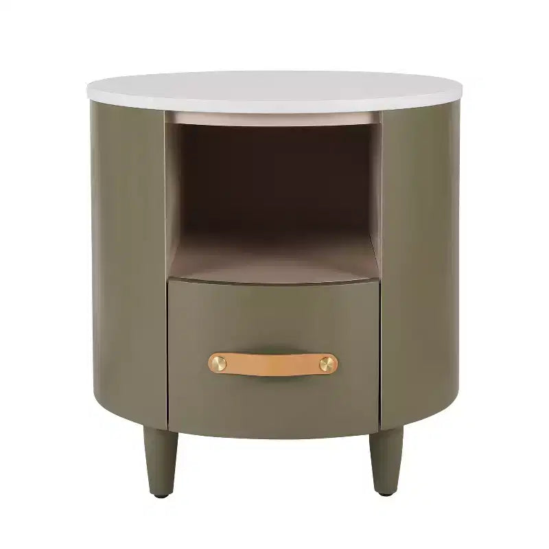 Table de chevet ronde moderne avec tiroir de rangement et étagère ouverte