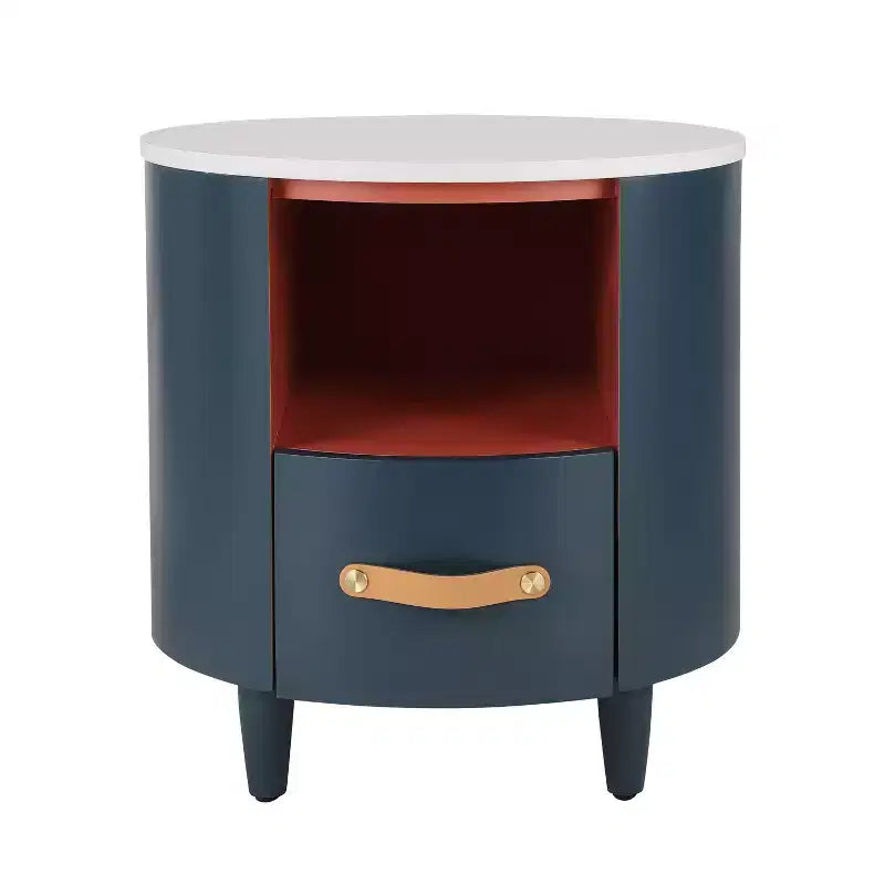 Table de chevet ronde moderne avec tiroir de rangement et étagère ouverte